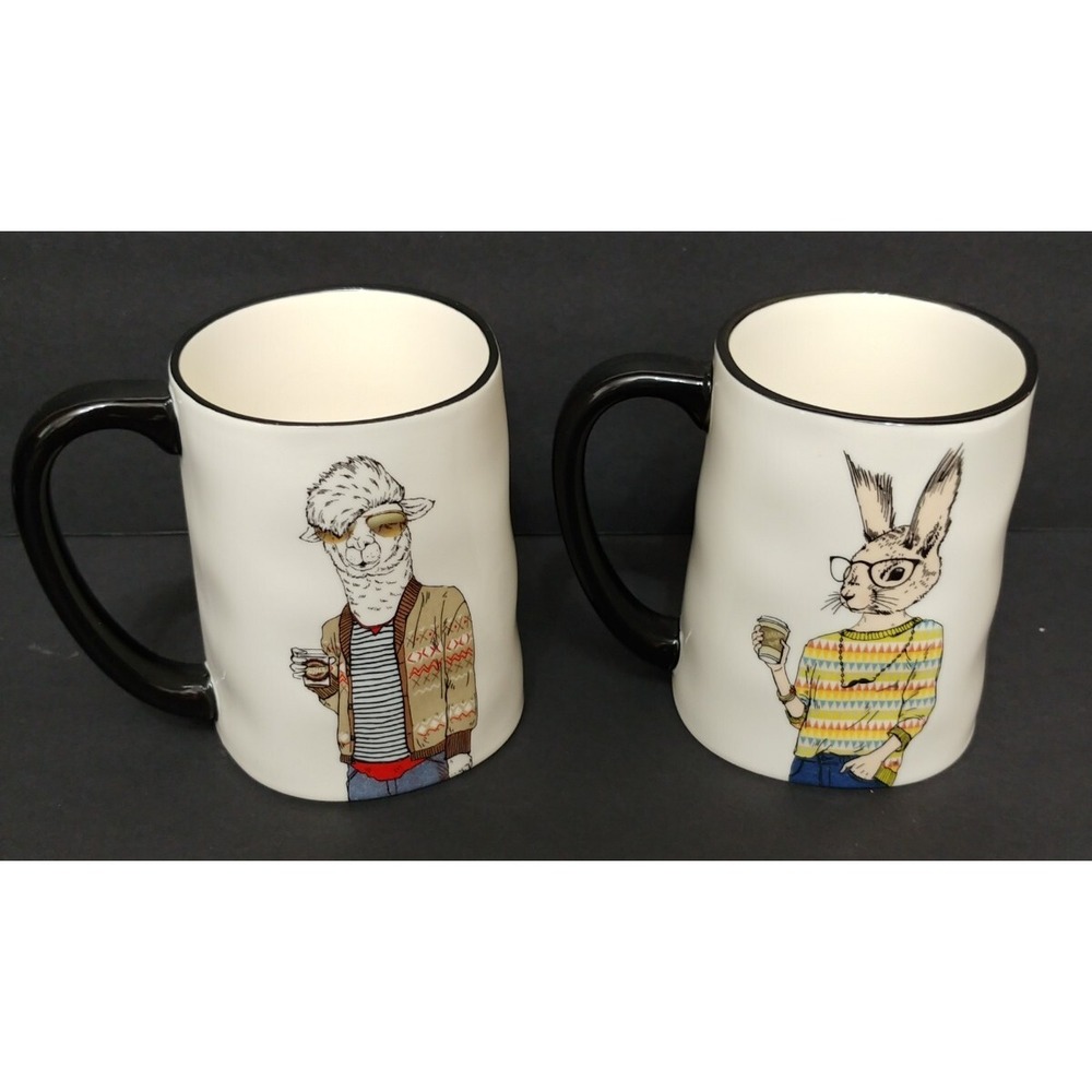 Hipster Llama & Rabbit Signature Housewares Coffee Mugs Set/2 16.5 Ounce Fun
